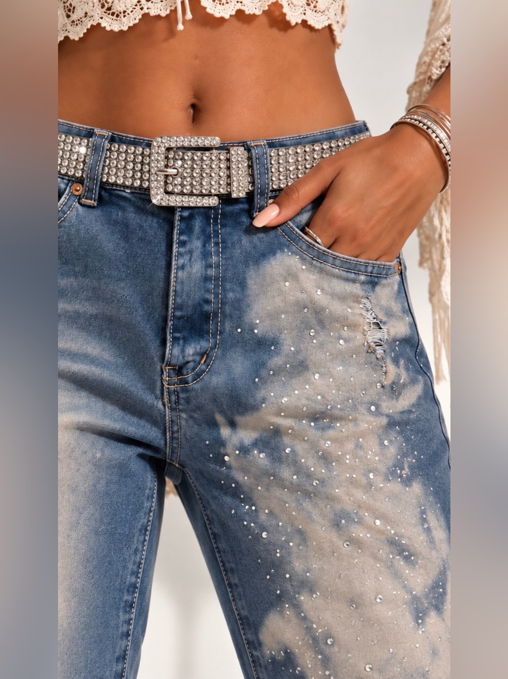 Reworked Rhinestone Artisan Bleached Distressed Wide Leg Jeans OOAK Y2K Boho XS - Picture 6 of 14